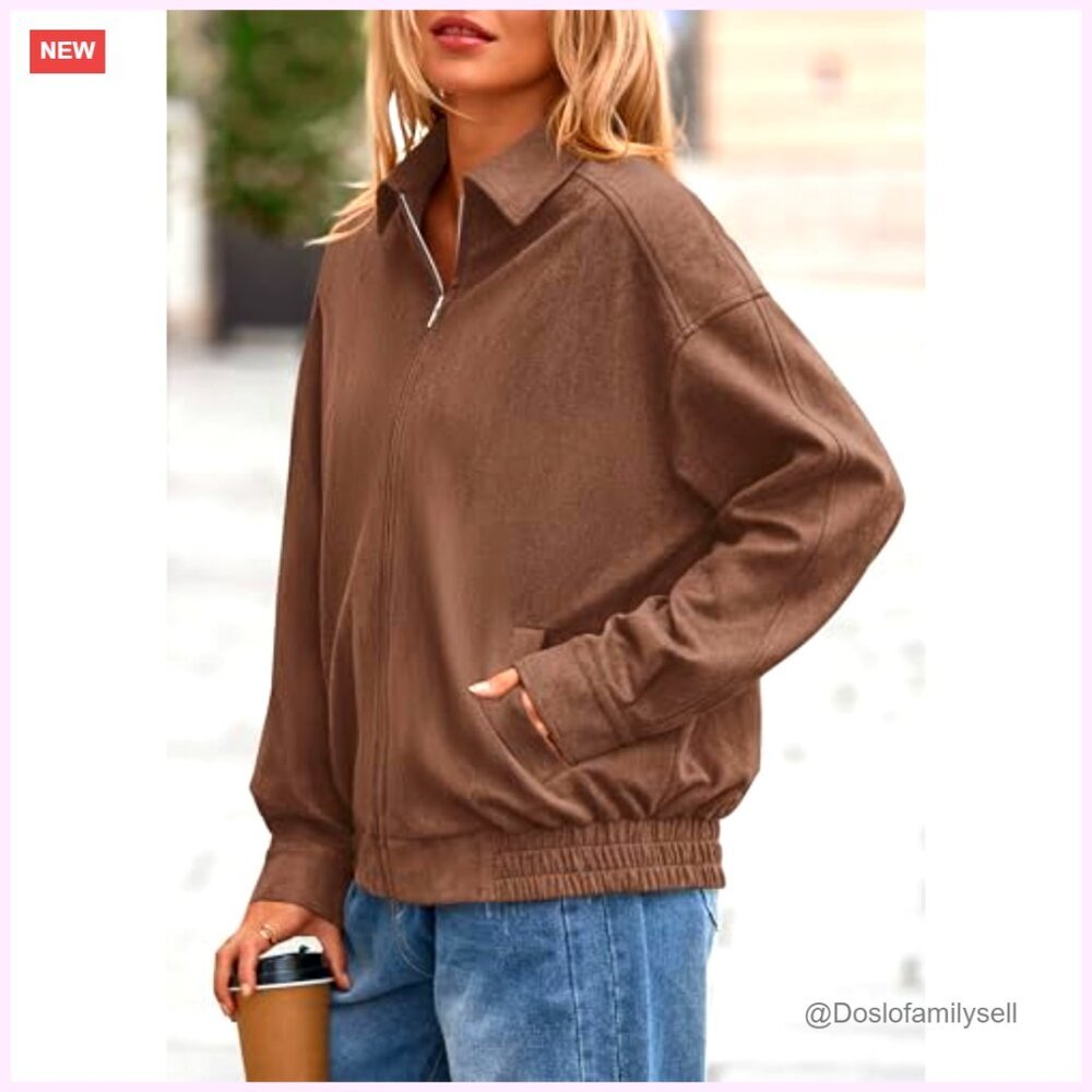 Oversized Faux Suede Bomber Jacket Women's Zip Up Winter Outerwear Coats - Picture 5 of 7
